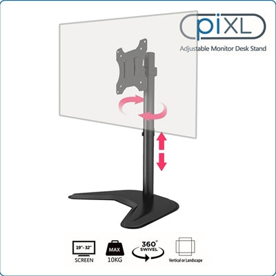 piXL Single Monitor Arm Desk Stand, For Screens up to 32", Max Weight 10Kg, Freestanding, Height Adjustable, Pivot, Swivel 360