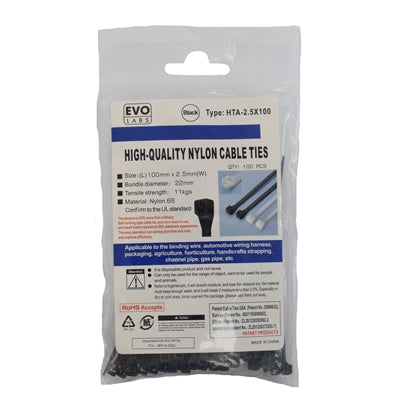 Evo Labs Black Cable Ties 100 x 2.5mm 100 Pack