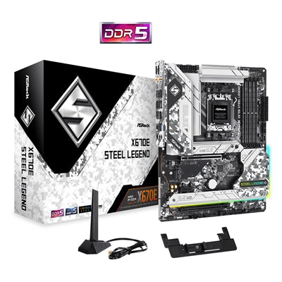 ASRock X670E Steel Legend AMD AM5 Socket Motherboard, ATX, 4x DDR5 Slots, 4x M.2 Sockets, 2x USB-C Port, Fitted I/O Shield, 2.5GbE LAN, Wi-Fi 6E, 1x DisplayPort / 1x HDMI Port