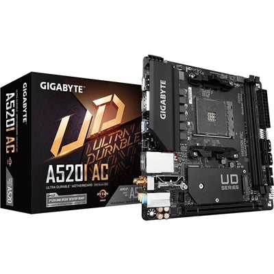 Gigabyte A520I AC Ultra Durable AMD AM4 Socket Motherboard, Mini-ITX, 2x DDR4 Slots, 1x M.2 Socket, GbE LAN, Wi-Fi 5, 1x Display Port 1.4 / 2x HDMI Ports