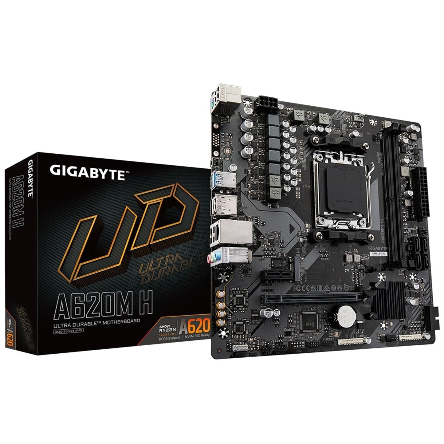 Gigabyte A620M H Ultra Durable AMD AM5 Socket Motherboard, Micro-ATX, 2x DDR5 Slots, 1x M.2 Socket, GbE LAN, 1x DisplayPort / 1x HDMI Port