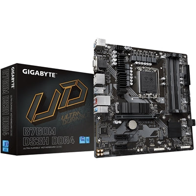 Gigabyte B760M DS3H DDR4 Ultra Durable Intel 1700 Socket Motherboard, Micro-ATX, 4x DDR4 Slots, 2x M.2 Sockets, 1x USB-C Port, 2.5GbE LAN, 1x D-Sub / 2x DisplayPorts / 1x HDMI Port