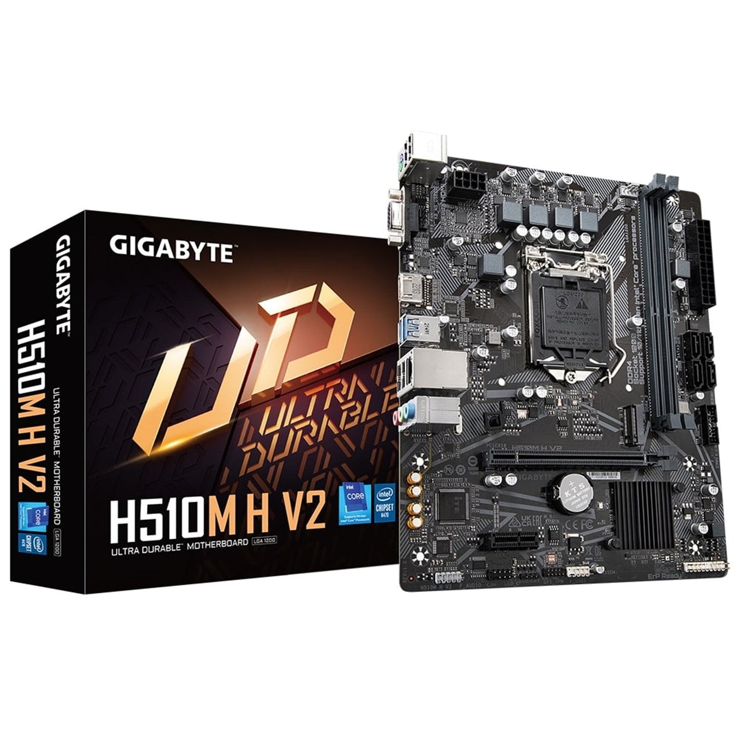 Gigabyte H510M H V2 Ultra Durable Intel 1200 Socket Motherboard, Micro-ATX, 2x DDR4 Slots, 1x M.2 Socket, GbE LAN, 1x D-Sub / 1x HDMI Port