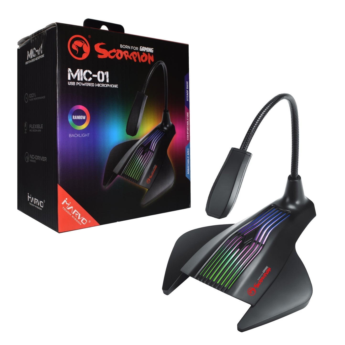 Marvo Scorpion MIC-01 RGB Gaming Microphone, USB Powered For PC or Laptop, Cool RGB Rainbow Lighting, Flexible Mic Boom-Arm, Sturdy Base, Black